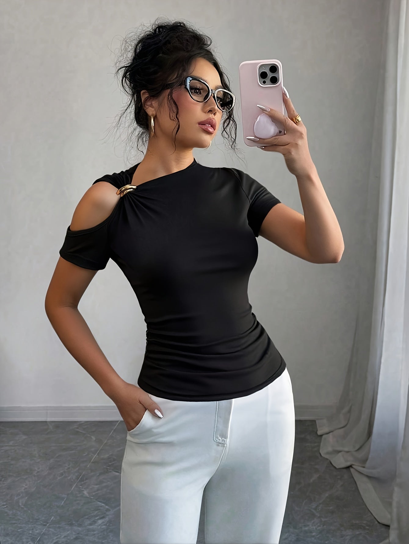 Women's Slim-Fit Fashion Short-Sleeve Top with Front Tie and Metal Buckle Detail