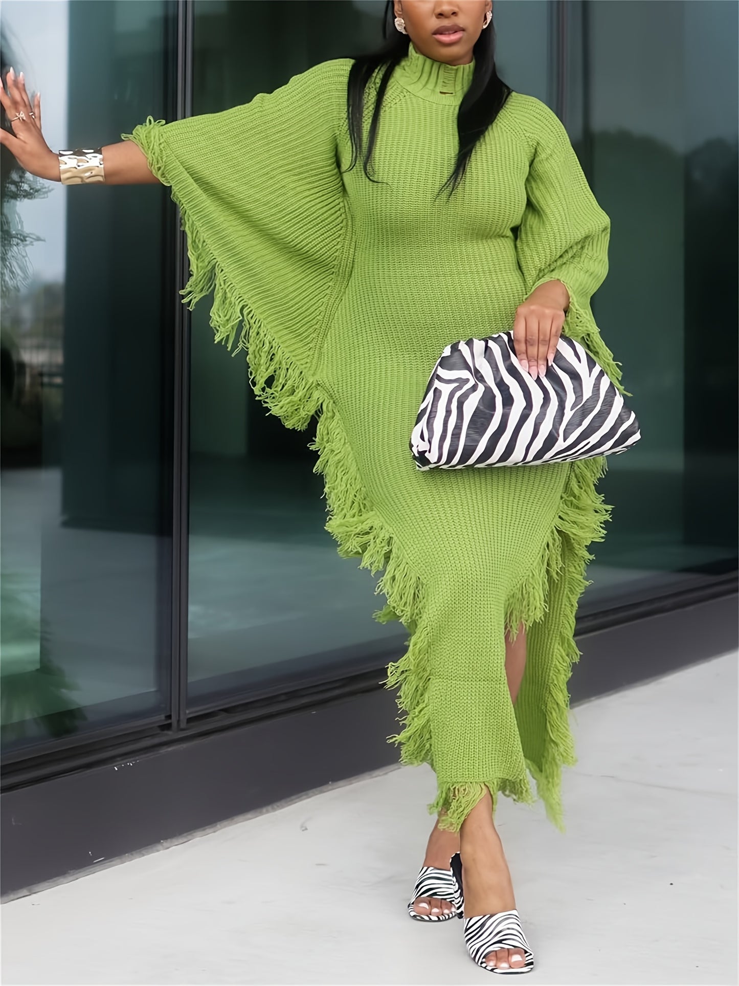 Fringe Trim Sweater Dress For Women, Batwing Long Sleeve High Neck Maxi Dress With Asymmetrical Hem, Sexy And Chic Style, For Fall Winter