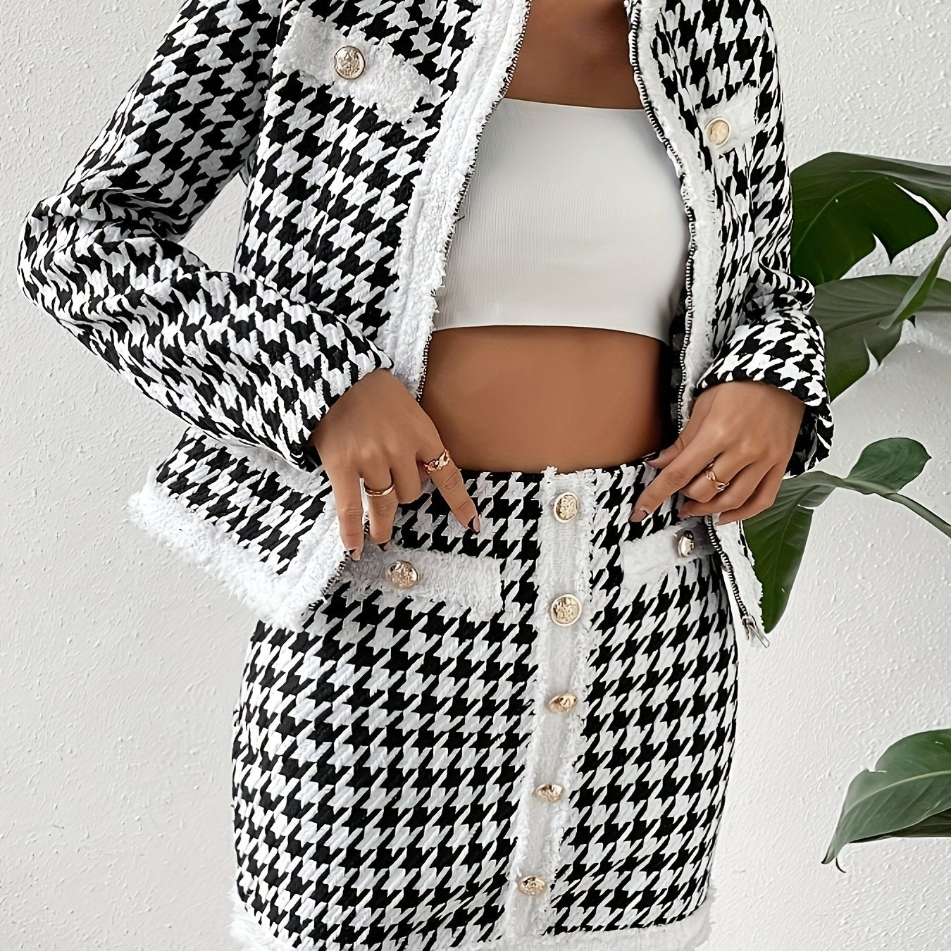 MSDOSBT Elegant Houndstooth Patchwork Tweed Jacket & Skirt Set - Chic Black & White Checkered Pattern, Long Sleeve, Button-Up Blazer with Flap Pockets for Afternoon Tea, Casual Attire, All-Season Wear, Stylish Office Attire |