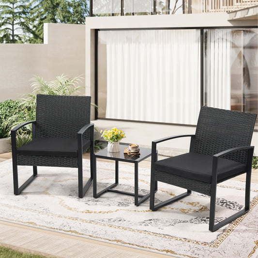 Outdoor Chairs With Bistro Table Furniture Set, Wicker Rattan 3pcs Conversation Set Includes 2 Waterproof Chairs With Thick Cushions And 1 Bistro Table With Safety Glass Top