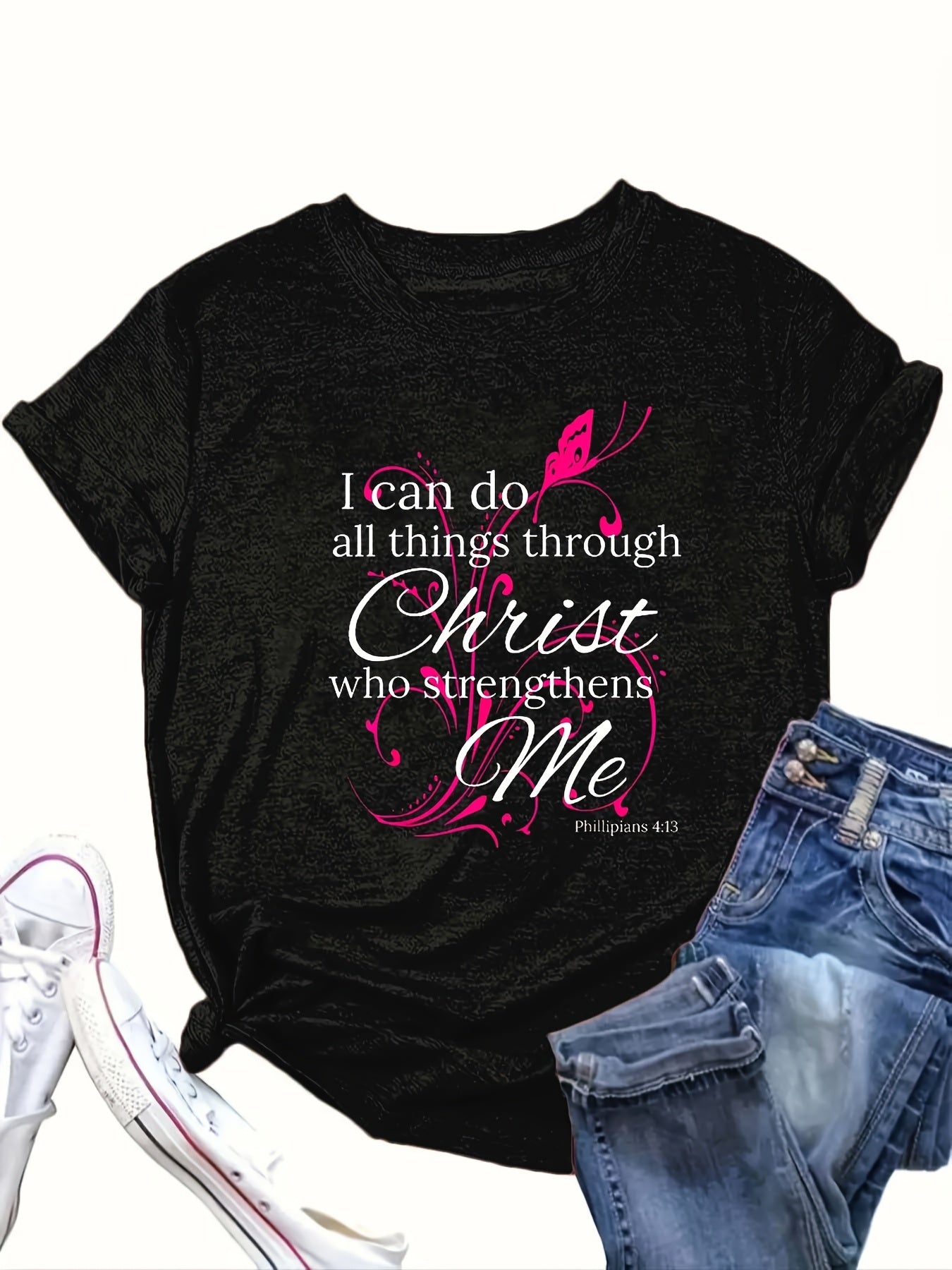 Women'S Plus Size Printed T-Shirt, Floral Graphic, Casual Loose Crew Neck, Soft Knit Fabric, 65% Polyester, 30% Viscose, 5% Elastane, Slight Stretch, All Seasons, 180g/m² - "I Can Do All Things Through Christ Who Strengthens