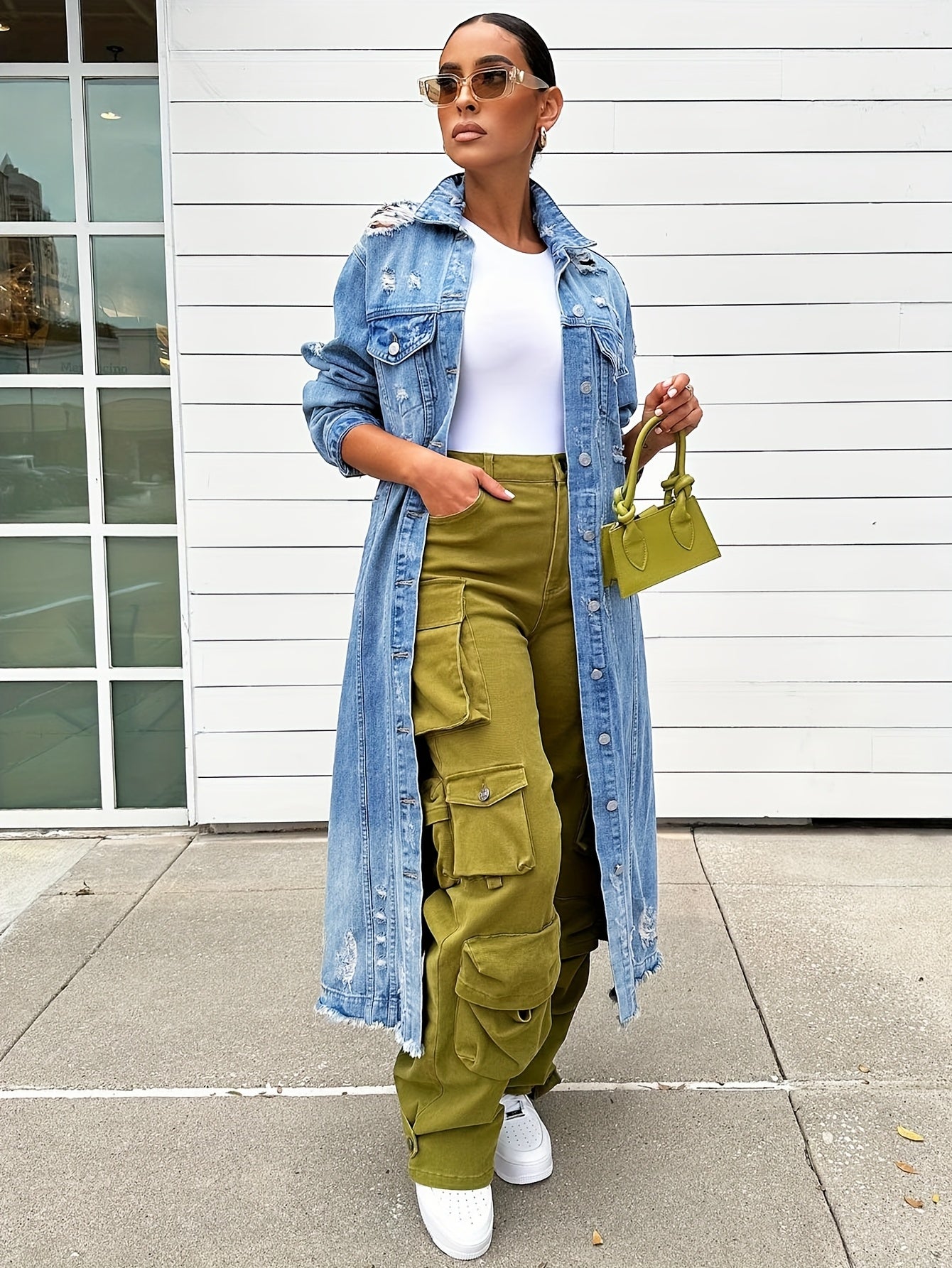 Broken Hole Long Denim Jacket, Women'S Denim Trench Coat Jacket, Real Pocket