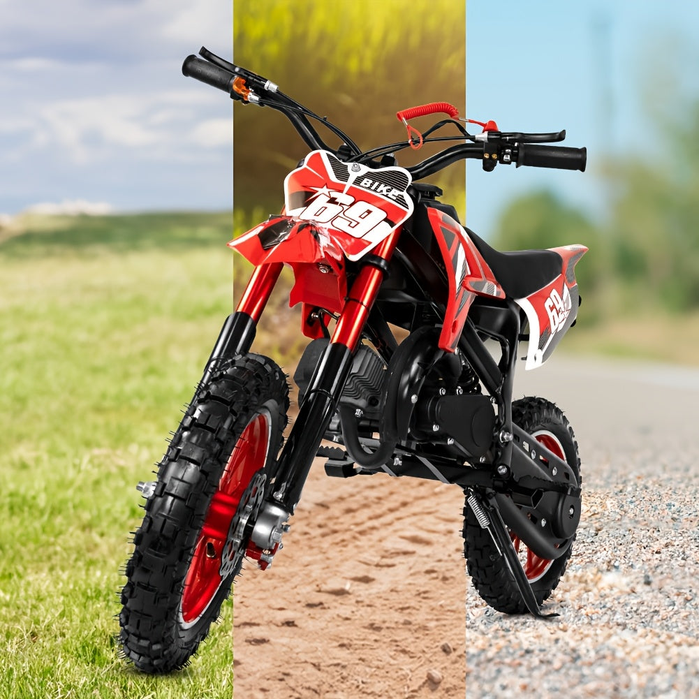 1pc Red 49cc 2-Stroke Dirt Bike for Adults, Metal Off-Road Motorcycle with Soft Seat, Shock Absorber, Front & Rear Disc Brakes, Fuel-Powered, Max Speed 20MPH, Toolkit Included