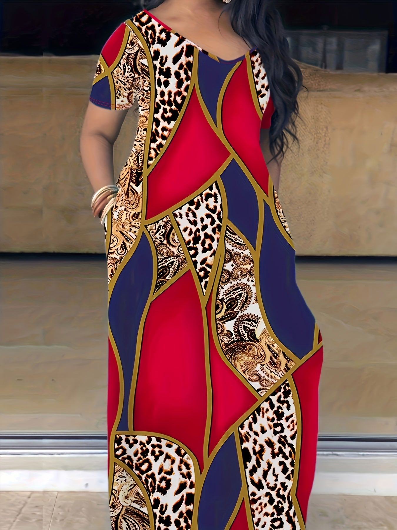 [Tie Dye Maxi Dress] Elegant Plus Size Maxi Dress | Women's Tie Dye Print Short Sleeve with Pocket, Medium Stretch Long Dress