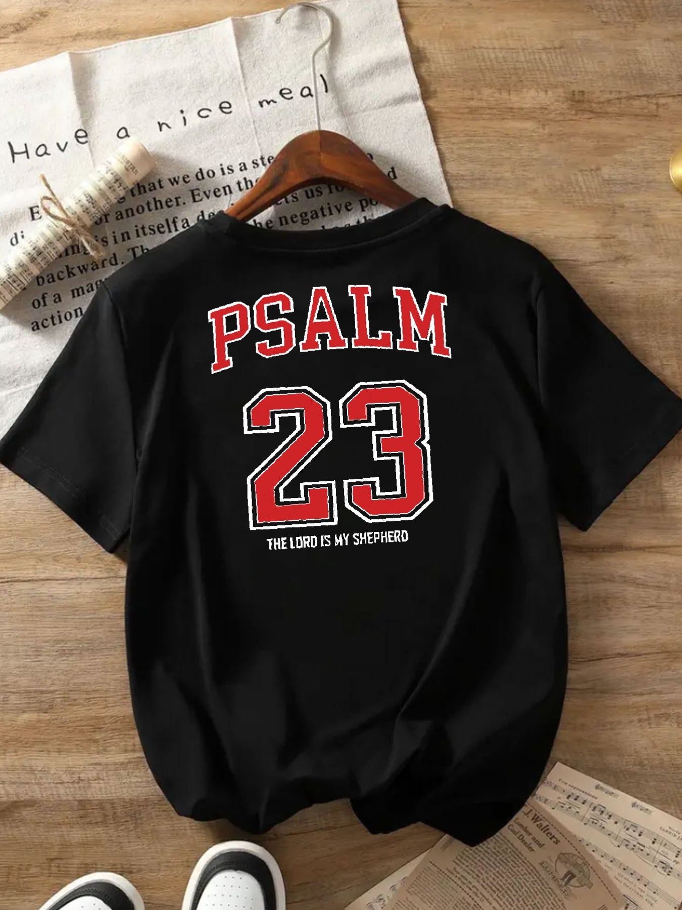 Black with Red Lettering Psalm 23:5 Print Women's Casual T-Shirt - Comfortable Crew Neck, Short Sleeve, Classic Summer Top for Casual Attire, Faith Inspired Apparel | Durable Casual wear, Ladies T Shirts