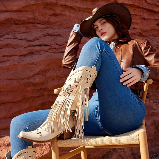[Vintage Cowgirl Boots] Vintage Western Cowgirl Boots | Pointed Toe Tassel Decor Fashion Embroidered Chunky Heels Women's