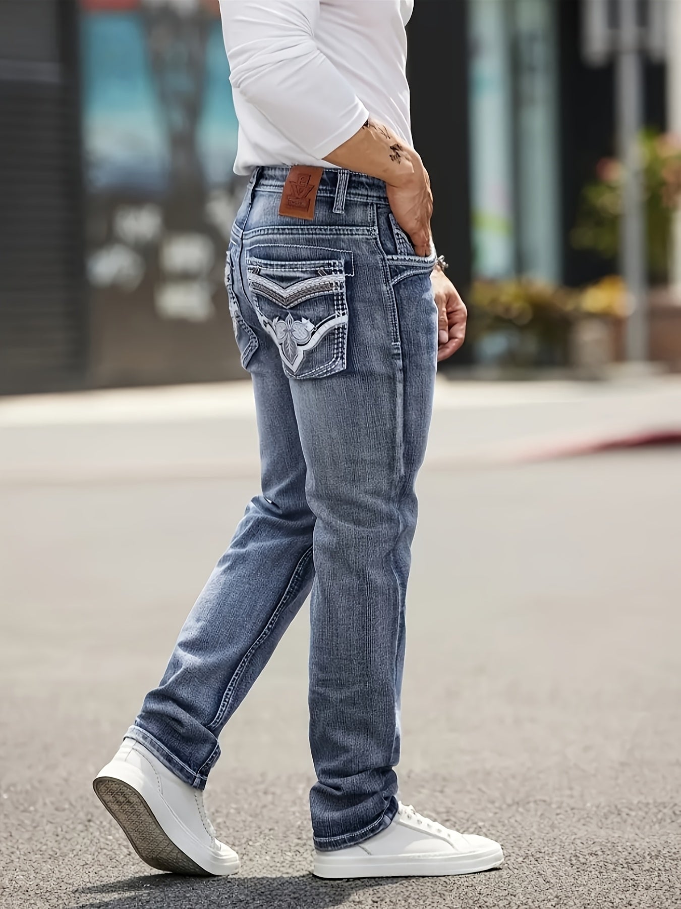 HME Men's Jeans - Stretch Slim-Fit Mid-Rise Pants with Elastic Waist, Vintage Washed Blue Denim, Five-Pocket Design & Built-In Zipper Closure, Machine Washable for Business, Office, Everyday Casual - All-Season Men's Pants, V