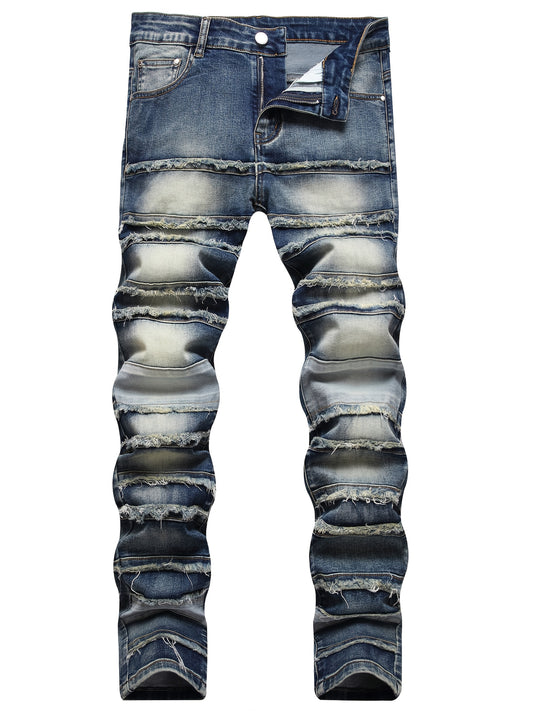 Men'S Slim-Fit Distressed Faux Denim with Raw Edges & Washed Texture - Machine-Washable Streetwear Faux Denim Trousers, All-Season Comfort, Solid Color Design for Casual & Formal Outfits, Versatile Clothing, Trendy Fashion, D