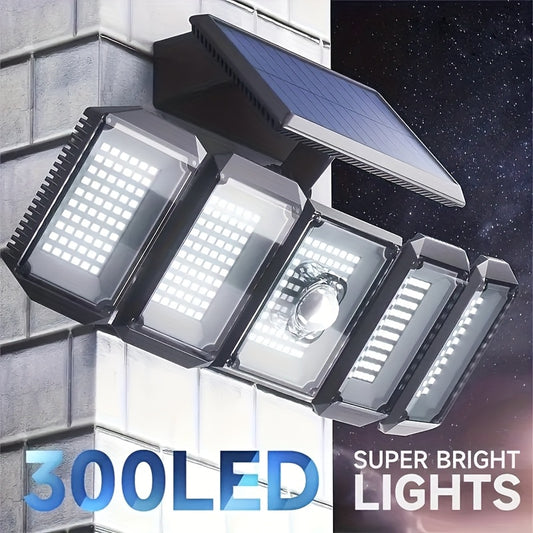 Solar Lights Outdoor, 300LED 7000K Motion Sensor Outdoor Light with Remote Control, Security Lights 5 Adjustable Heads, LED Flood Lights for Garage Yard Garden