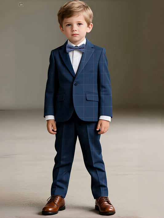 4pcs Boys' Blue Plaid Suit Set with Bow Tie - Navy & White Houndstooth Pattern Formal Wedding & Birthday Party Outfit, Machine Washable All-Season Tailored Jacket & Pants for Special Occasions (4pcs Set), Event Attire, Classi