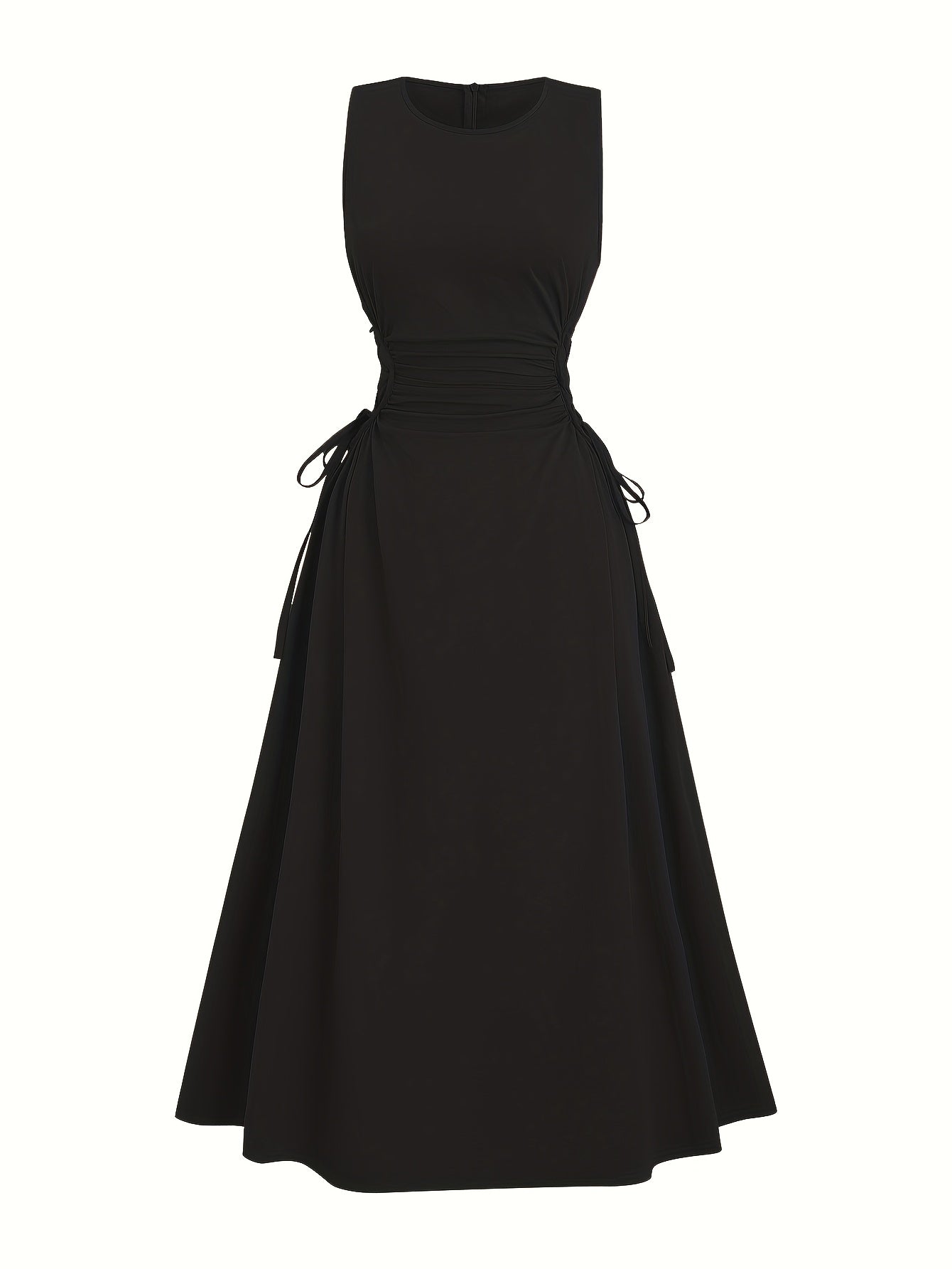 Halloween Elegant Navy Blue A-Line Dress for Women - Sleeveless, Cinched Waist with Tie Detail, Ruffled Hem, Perfect for Spring/Summer/Fall, Casual Elegant Wear | Sleeveless Dress | Cinched Waist Design