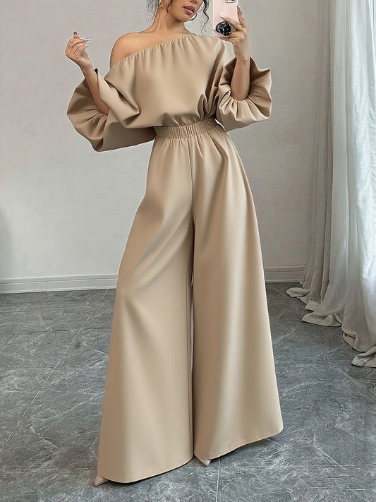 Women's Elegant Solid Color Suit Set, Fall Edition, Commuting Office Wear, Elegant Fashion Forward One Shoulder Bell Sleeve Top, High Waisted Slim Fit Wide Leg Pants, Formal Pants Suits For Women, Business Pants And Suit For