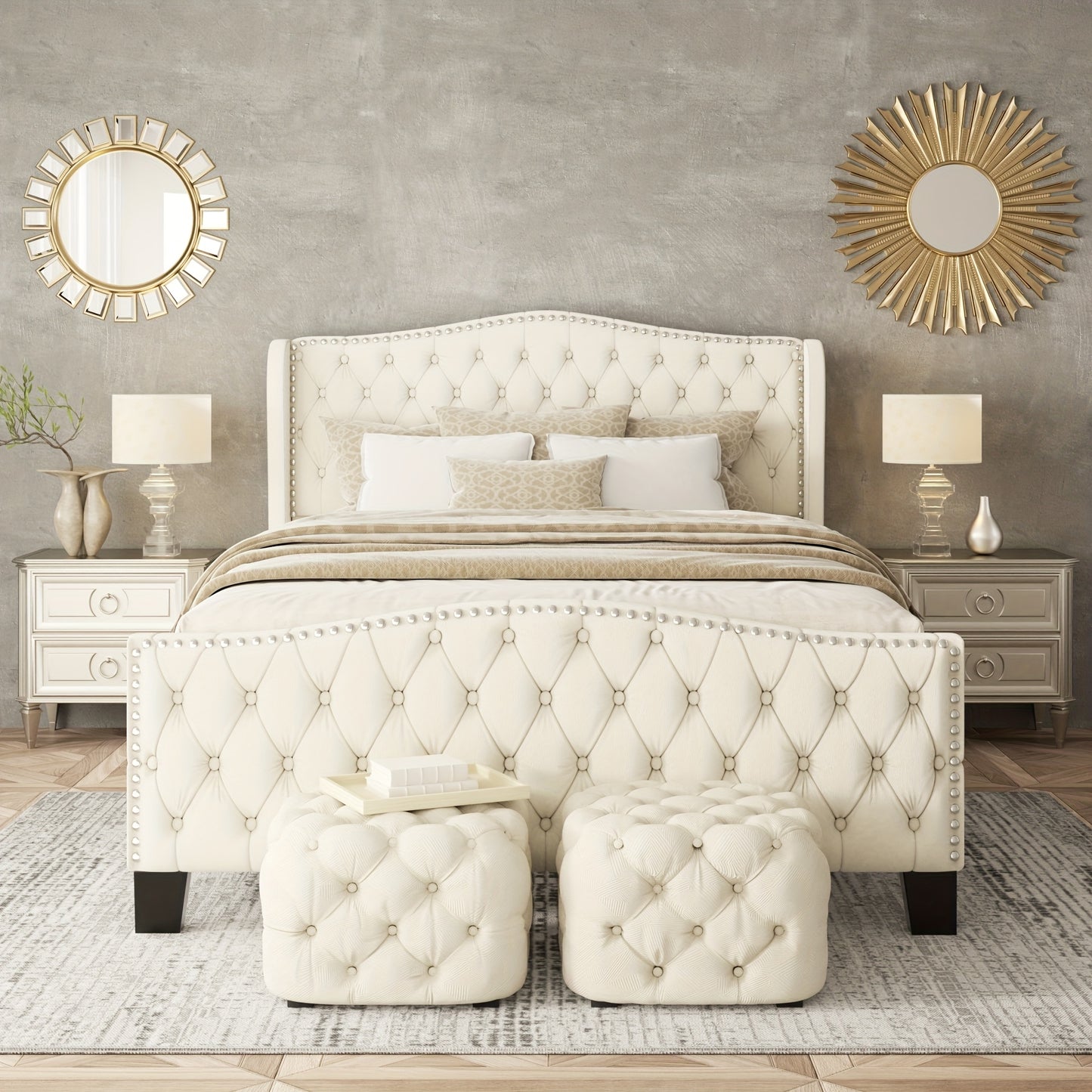 Queen Size Platform Bed Frame with 51-inch Tall Camelback Headboard & Wingback, Gorgeous Studded Trim, Mattress Foundation, No Box Spring Needed, Cream