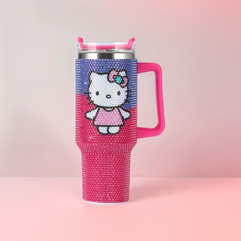 1pc Hello Kitty 40oz Stainless Steel Insulated Water Bottle with Rhinestone Tumbler Lid, Cute Pink Kitty Cat Handle & Straw - BPA-Free Thermos for,, Women, Birthday/Christmas/Valentine's Gift, Hot/Cold Drink Thermos, Drink Bo