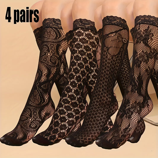 [Lace Mid-Calf Socks] 4 Pairs Women'S Lace Mid-Calf Socks - Breathable Mesh & Solid Color Contrast Lace Design, Elegant Lace Trim for Casual & Formal Wear, Hand Wash/Dry Clean, Versatile for Jeans, Dresses, Skirts, Lace Socks