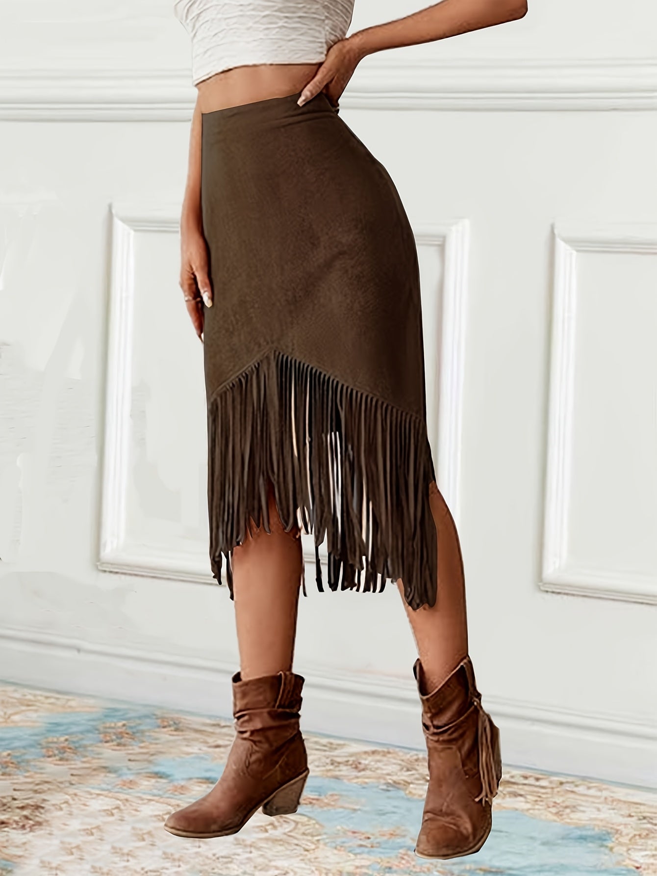 Women'S Vintage Western-Style Fringed Mid-Length Skirt