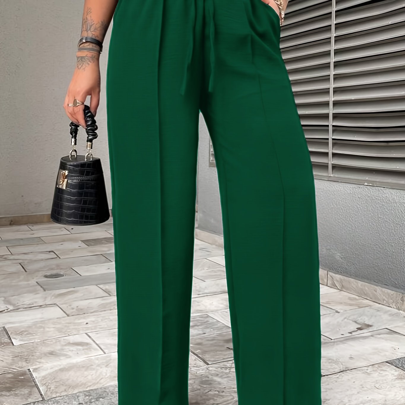 Elegant Middle-Eastern Polyester Straight Leg Pants 95% Polyester 5% Elastane Solid Color with Faux Drawstring Detail Spring/Fall Collection for Women - Woven Fabric, Comfort Fit Lounge Trousers with Pockets