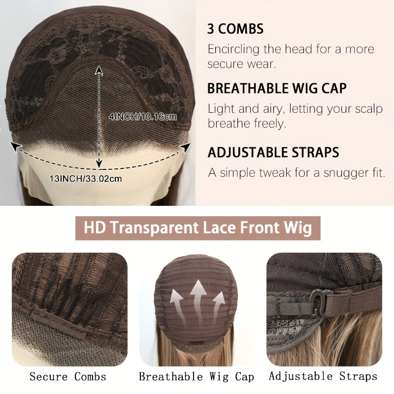 13x4 HD Lace Front Wig with Blonde & Red Highlights - Body Wave Synthetic Hair 180% Density Pre-Plucked Glueless 28 Inch Natural Look for Women All Ethnicities, Versatile Hairpiece | Elegant Hairpiece