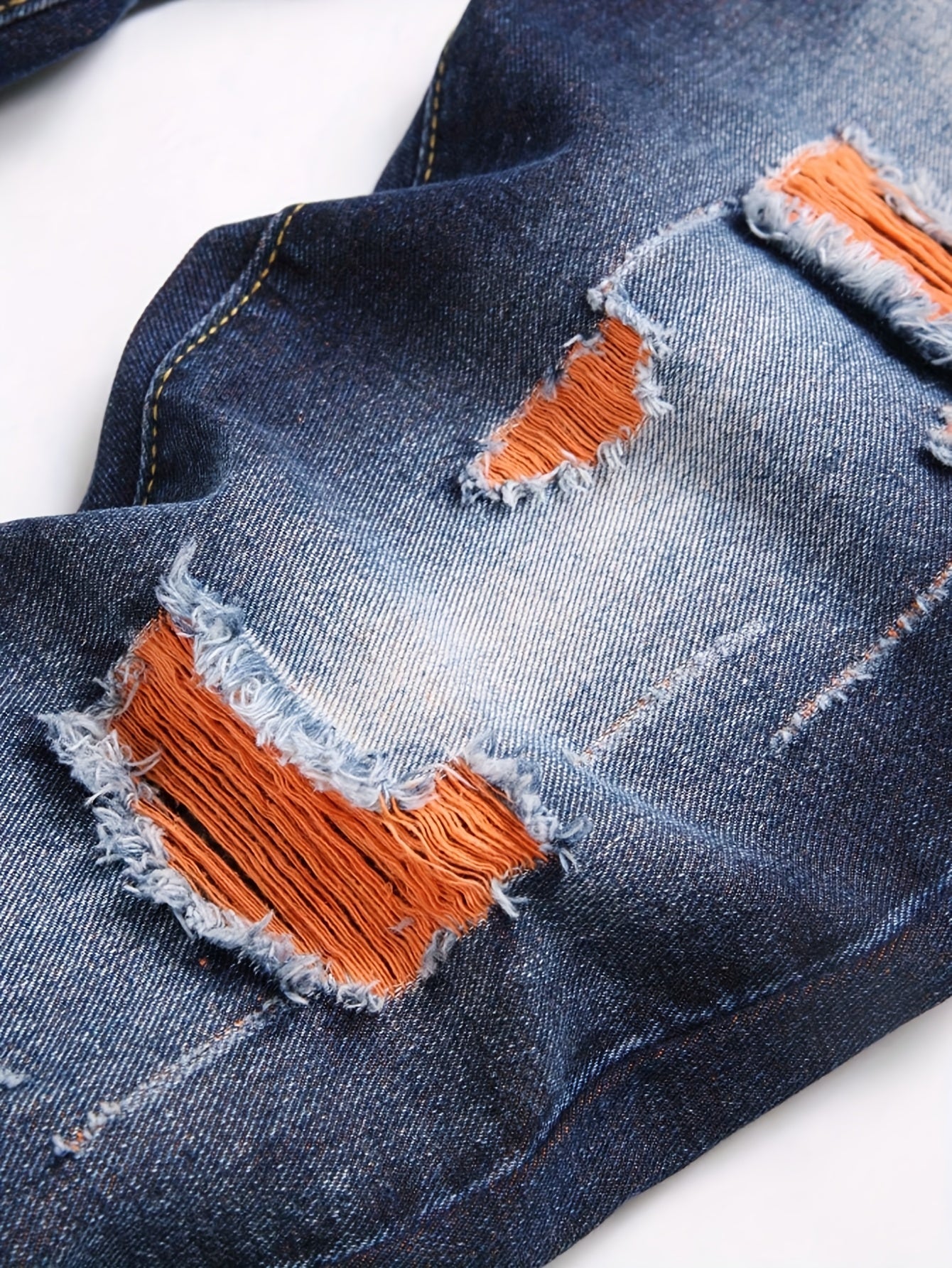 's & Teen Boys' Dark Washed Blue Distressed Jeans - Heavy-Denim Ripped Straight Leg Pants with Frayed Hem & Belt Loops, Mid-Rise Slim Fit for Casual Casual Attire (Machine Washable, All-Season) - Youthful Streetwear Style (Ag