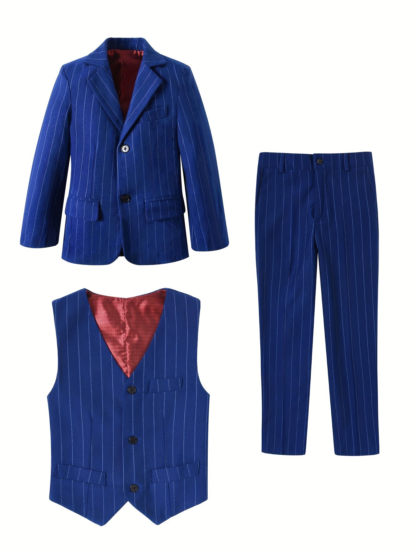 Boys' Suit 3pcs Set Boys Striped Suit Set - Blazer Jacket Vest & Pants for Kids Formal Wedding Church Baptism Party Outfit Slim Fit Stretch Comfortable Tuxedo Photoshoot Attire Size 3-16