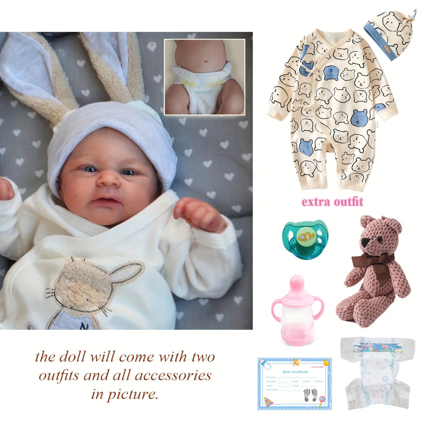 [Real Lifelike Baby Doll] Real Lifelike Baby Doll - 19inch (49cm) Reborn Newborn Size, Soft Touch Full Vinyl Handmade Skin, Includes 2 Outfits for Birthday, Christmas, Thanksgiving, Halloween Gifts