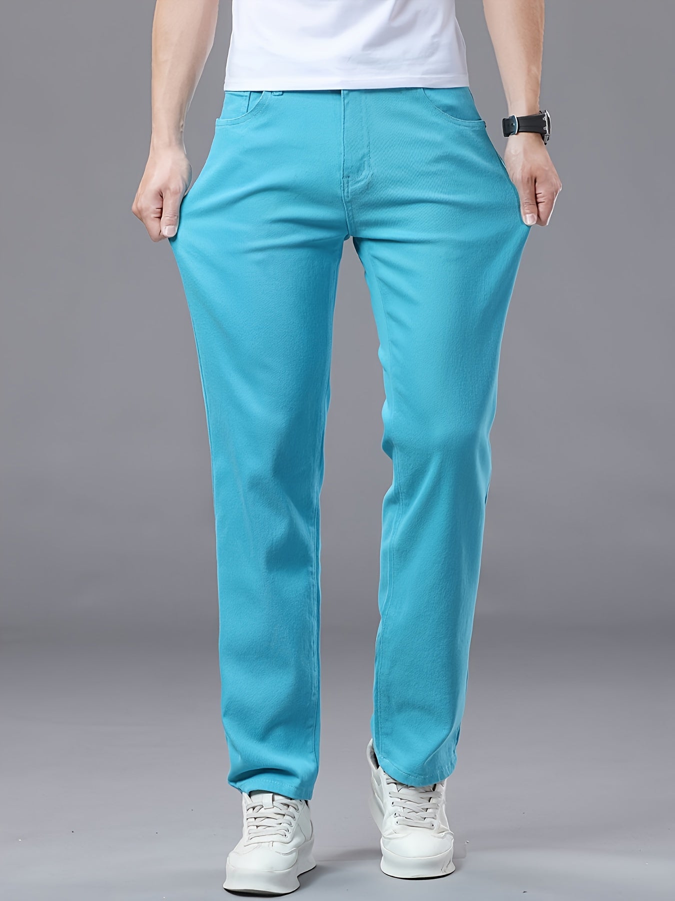 Men's All-Season Slim-Fit Straight-Leg Business Casual Faux Denim - Mid-Rise Beltless Design with Built-In Zipper Closure, Water-Washable Stretch Fabric, Multi-Color Options for Office, Semi-Formal & Casual Attire - Versatile