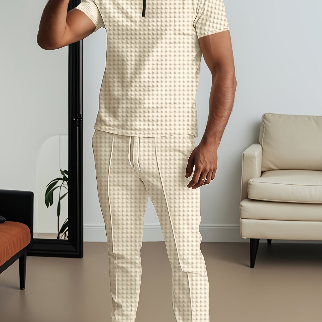 Men's Waffle Texture Lapel Shirt And Pants Set - Polyester Short Sleeved Shirt, Zipper Access, Elastic Drawstring Waist Straight Leg Pants 5 Colors Suitable For Spring, Summer, Autumn, Beach, Outdoor Activities, Daily Wear, S