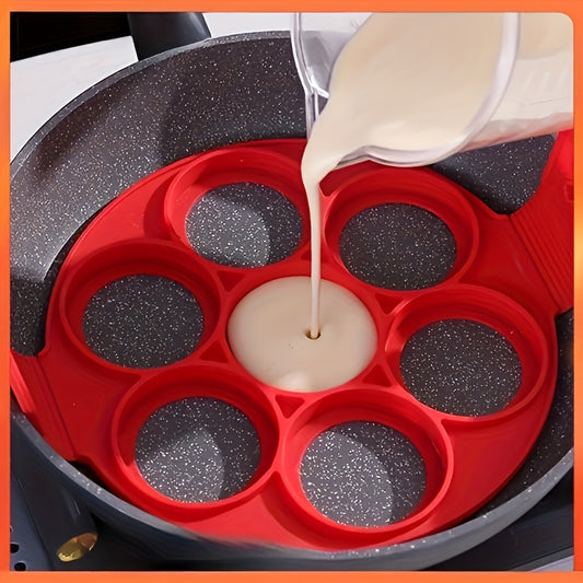 [7-Cavity Silicone Mold] 7-Cavity Non-Stick Red Silicone Pancake & Egg Ring Mold | Food-Grade Silicone Breakfast Maker with Uniform Shapes, Easy Clean for Home & Restaurant Use