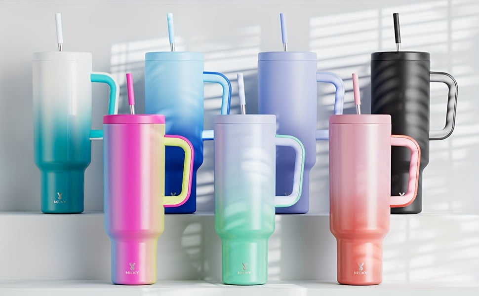 Meoky 50oz Tumbler with Handle, Tumbler with Lid and Straw, Insulated Stainless Steel Travel Mug, 100% Leak-proof, Keeps Cold for 36 Hours or Hot for 12 Hours