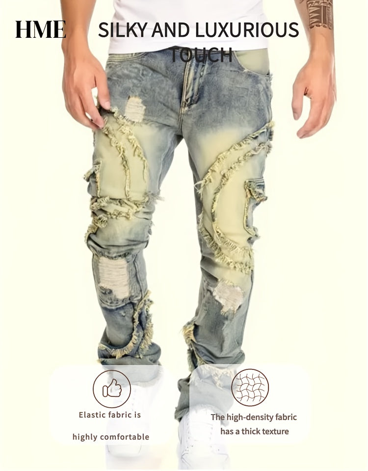 HME Men's Skinny Jeans - Heavy Washed Vintage Streetwear Pants with Patchwork Stitching, Stretch Denim (Cotton-Based), Mid-Rise Fit, All-Season Urban Fashion Jeans for Men, Casual Streetwear, Versatile Bottoms, Retro Style, D