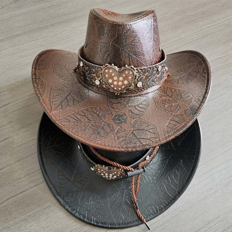 1pc Elegant Heart Pattern Faux Leather Cowboy Hat, Unisex Fedora Style Western Hat, Lightweight, Non-Stretch Fabric, with Diamond Accents for Travel, Parties, and Daily Wear