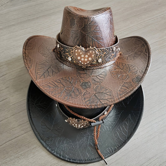 1pc Elegant Heart Pattern Faux Leather Cowboy Hat, Unisex Fedora Style Western Hat, Lightweight, Non-Stretch Fabric, with Diamond Accents for Travel, Parties, and Daily Wear