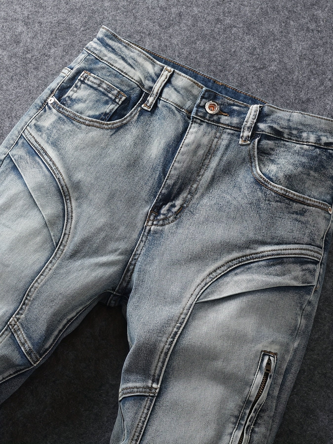 Men's Slim Fit Stretch Jeans - Washed, Bleached, Distressed, Panelled Design, Stylish Workwear, Practical And Wearable, Machine Washable All-season Jeans