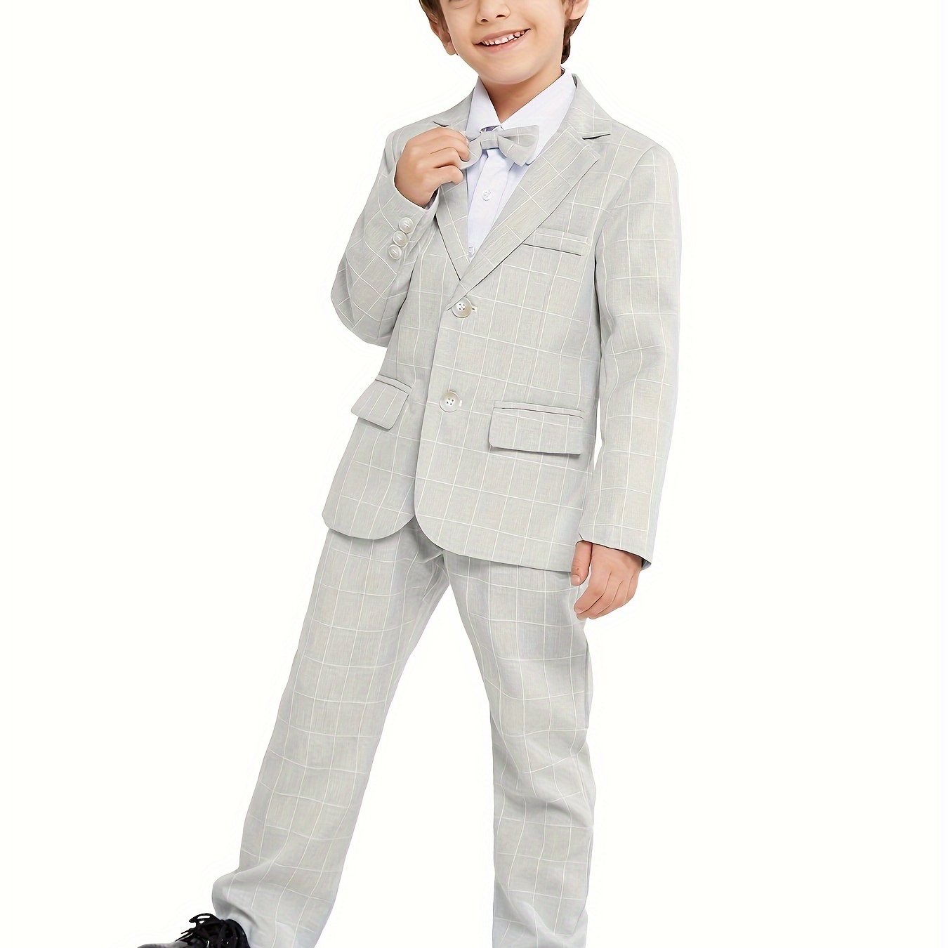 Kids' Elegant Blue Checkered Suit with Bow Tie - Perfect for Weddings and Formal Events, Slim Fit, Long Sleeve, Non-Stretch Fabric, Party Attire|Formal Attire|Slim Fit Suit