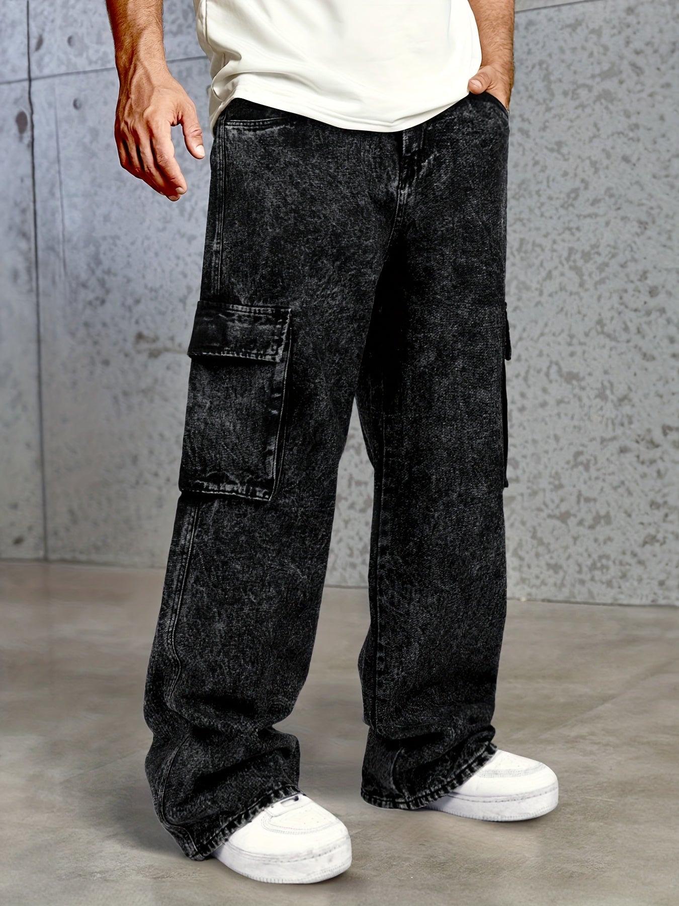 Men's Trendy Street Fashion Big Pocket Black Workwear Jeans