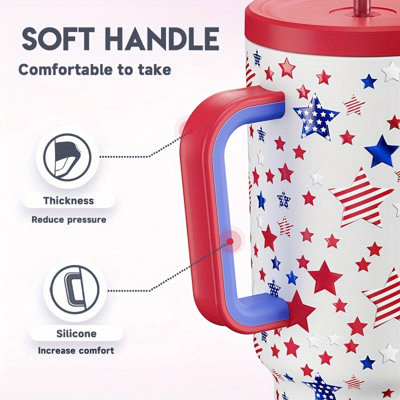 [American Flag Vacuum Mug] 1pc Stainless Steel American Flag Vacuum Insulated Travel Mug - With Handle, Lid, and Straw - For Independence Day & Memorial Day