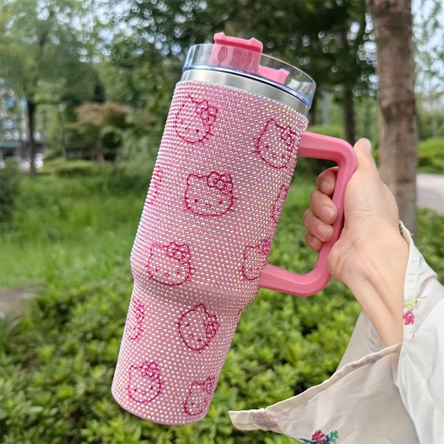 1pc Hello Kitty 40oz Stainless Steel Insulated Water Bottle with Rhinestone Tumbler Lid, Cute Pink Kitty Cat Handle & Straw - BPA-Free Thermos for,, Women, Birthday/Christmas/Valentine's Gift, Hot/Cold Drink Thermos, Drink Bo