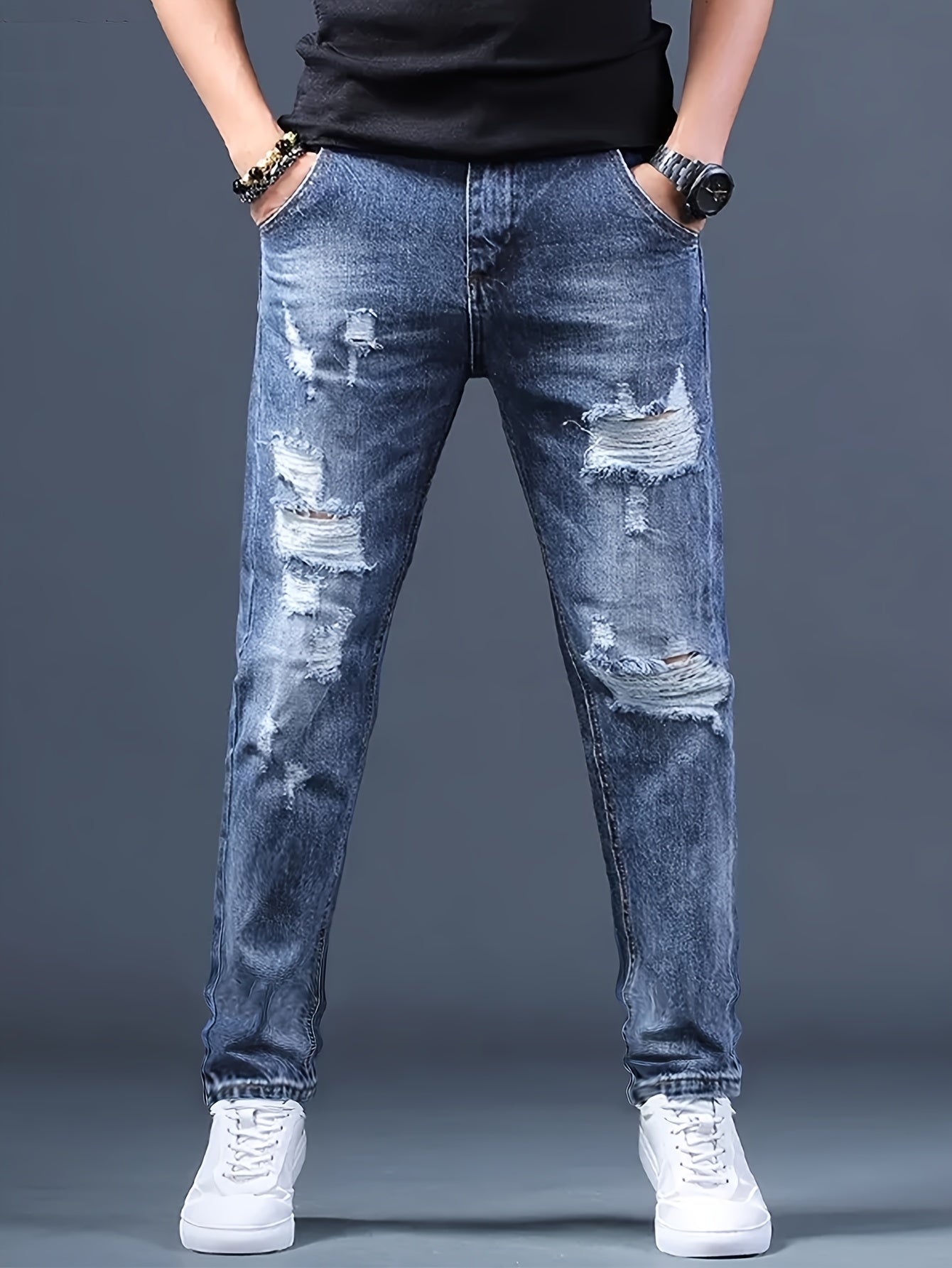 Men's Jeans Straight-leg, Non-stretch Ripped Men's Trousers Style Bicycle Street Chic Blue Frayed Jeans Suitable for All Seasons