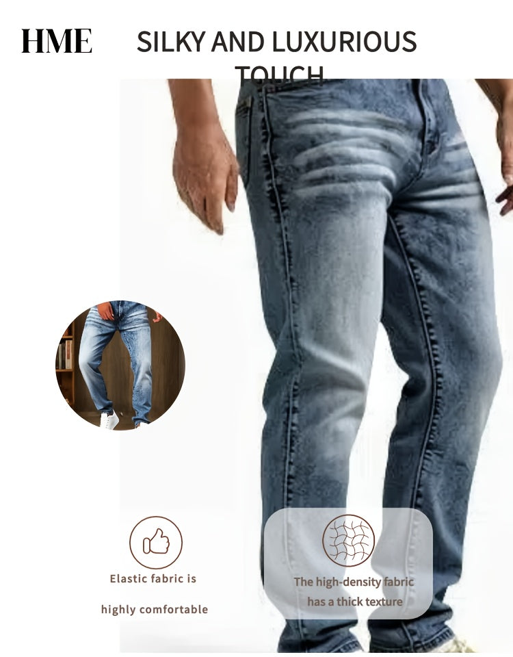HME Men's Stretch Jeans - Skinny Fit Stretch Denim Pants with Mid-Rise Straight Leg, Vintage Washed Blue Jeans, Machine Washable Everyday Casual Pants for All Seasons (Non-See-Through), Allseason Clothing, Timeless Fivepocket