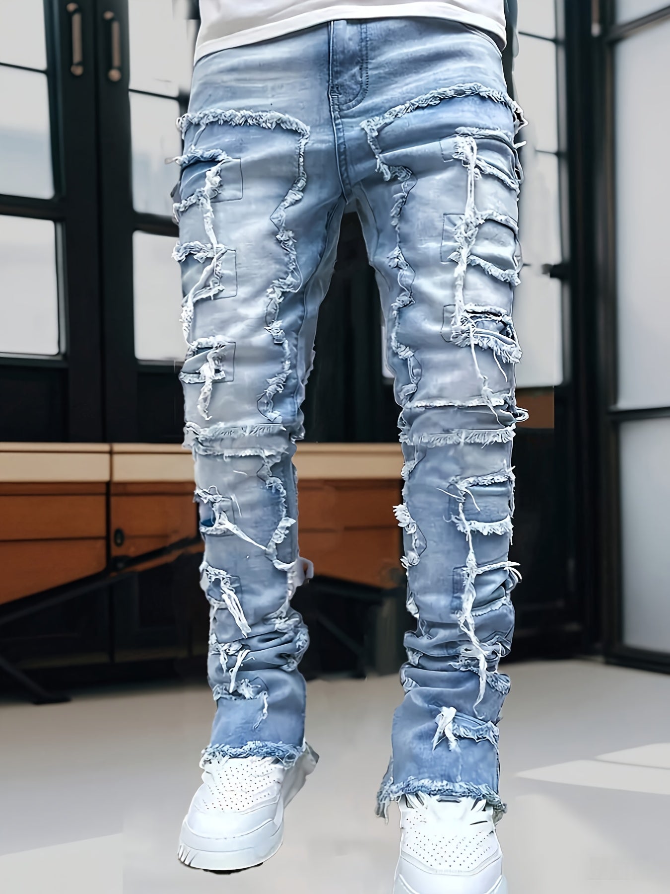 Men's Stretch Skinny Jeans - Slim-Fit Distressed Frayed Hem Pants, Mid-Rise Waist & Tapered Cuff, Non-See-Through All-Season Jeans for Everyday & Formal Outfits - Machine Washable Denim-Like Pants, Formal Outfit Jeans, Casual