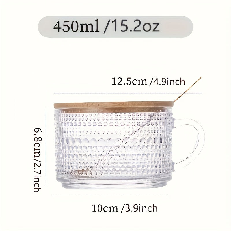 [Retro Coffee] Set Of 4 450ml/15.2oz Retro Coffee Cups | Transparent Embossed Glass Cups | Bamboo Lids And Spoons | Cute Coffee Bar Accessories, Iced Coffee Cups, Suitable For Cappuccino, Latte, Overnight Oat Containers