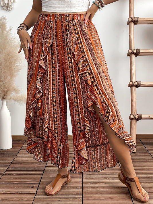 [Ethnic Print Pants] Orange/Brown/Beige/White/Black Ethnic Print Ruffle Hem Wide-Leg Pants | Women's Spring Summer Machine Washable Trousers with Non-Stretch Fabric for Casual Vacation & Beach Outfits