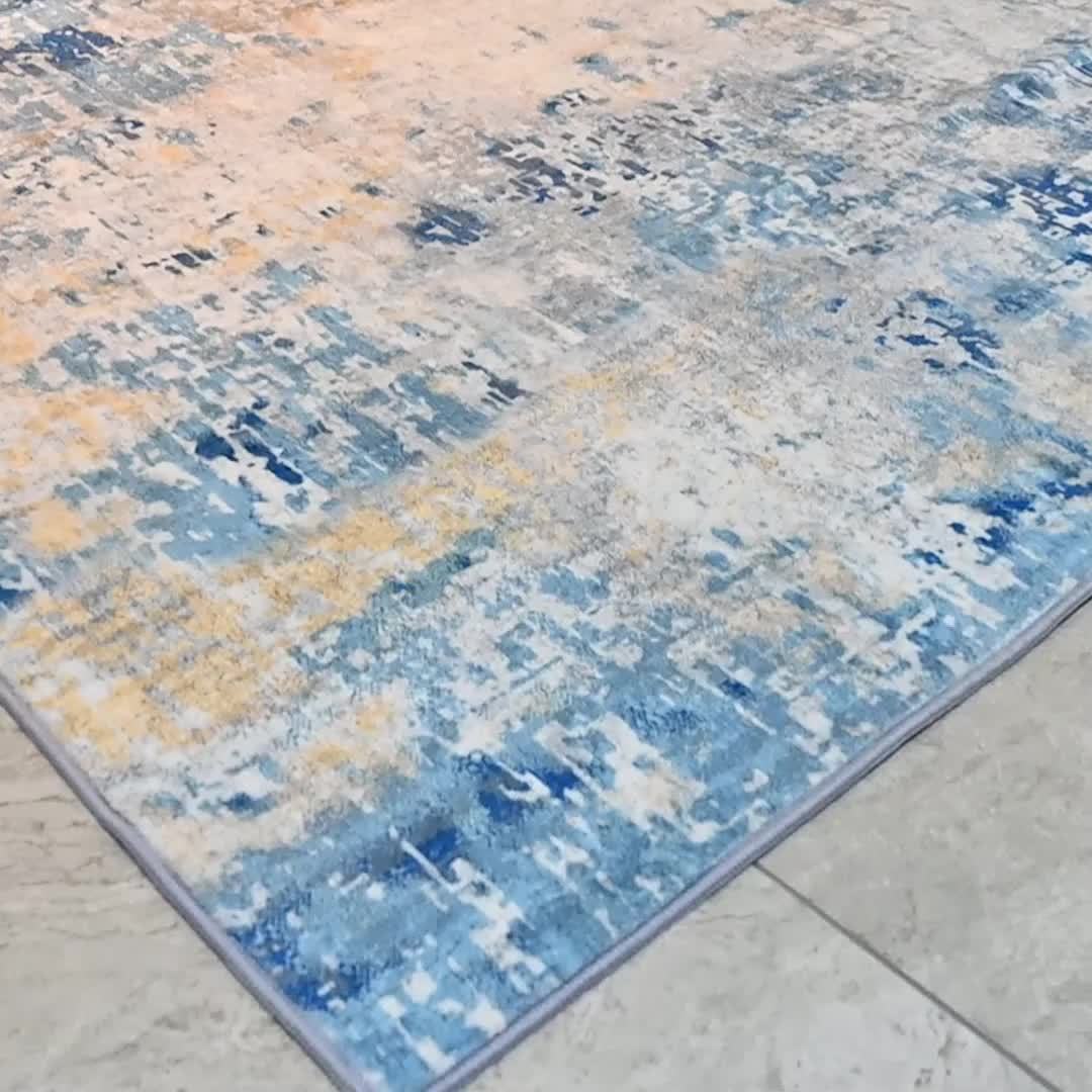 [Soft Moroccan Boho Mat] 1pc Machine Washable Moroccan Boho Area Mat - Soft, Low Pile, Non-Slip Polyester in Neutral Blue/Brown - Perfect for Living Room, Bedroom, Dining Room, Playroom, Office