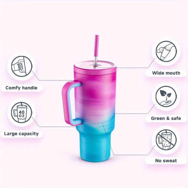 Mug 40 Oz Stainless Steel Tumbler With Lid And Straw - Insulated Water Bottle Keeps Drinks Cold For 34 Hours Or Hot For 10 Hours - Perfect For Outdoor Activities, Camping, Hiking, And Traveling - Includes Handle And Gift Drin