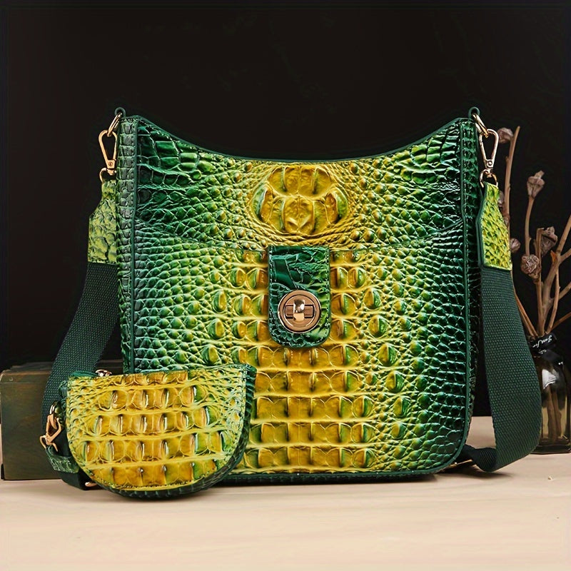 Elegant women's cross-body bag, fashionable color crocodile pattern cross-body bag, wide shoulder strap removable two-piece women's bag, safety zipper bag with coin purse