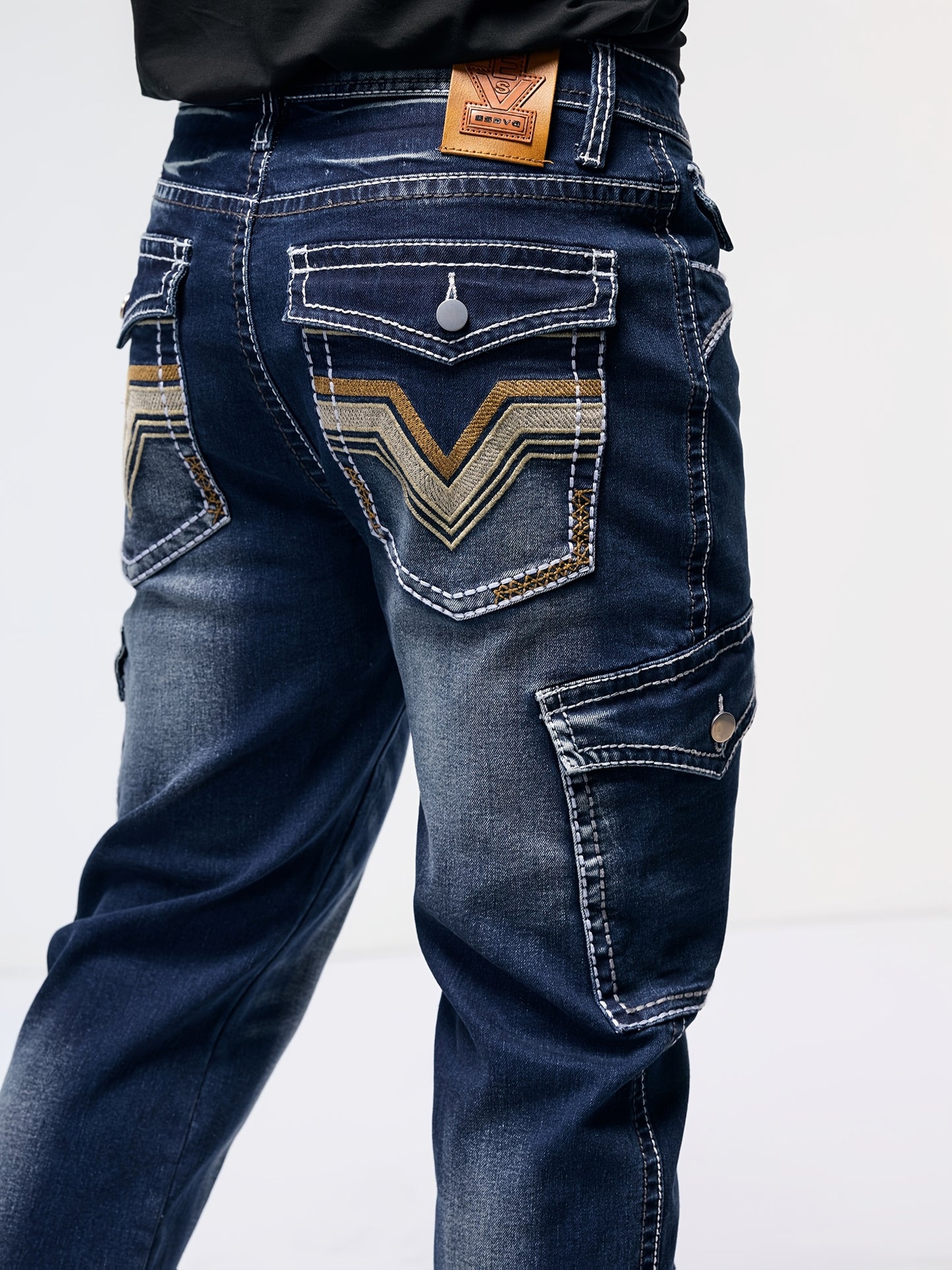 Men's Vintage Embroidered Stretch Denim Jeans with Multiple Pockets - Cotton Blend, Machine Washable