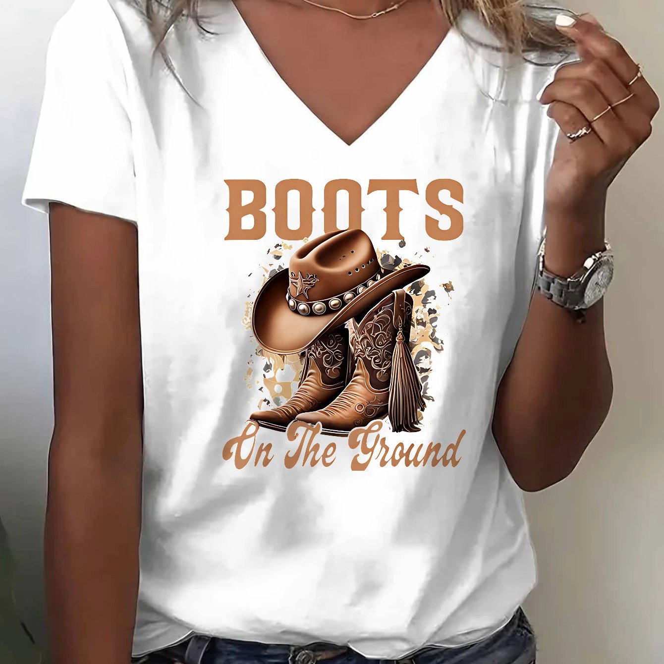 [Printed Cowboy T-Shirt] Printed Cowboy Boots And Hat V-Neck T-Shirt | Standard Size