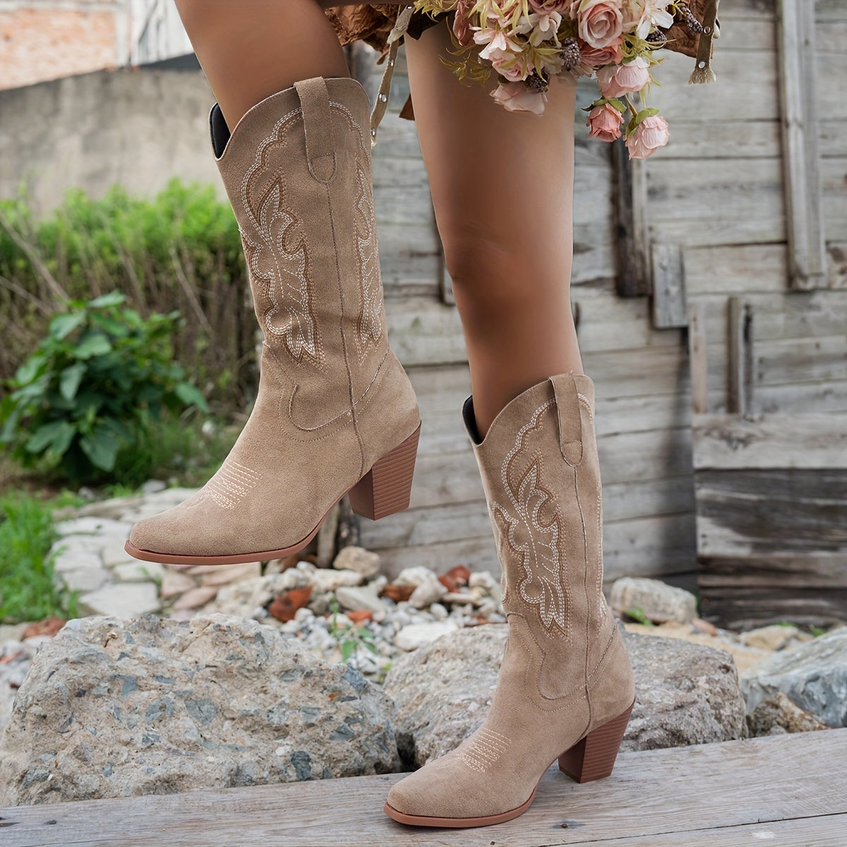 Women's Western Boots - Slip-On Chunky Heel Cowboy Boots, Beige/, Non-Slip TPU Sole for Western, Formal, Everyday - Easy-Clean Women's Footwear, Casual Wear, Square Toe Design, Soft Fabric Lining, Fashionconscious Women