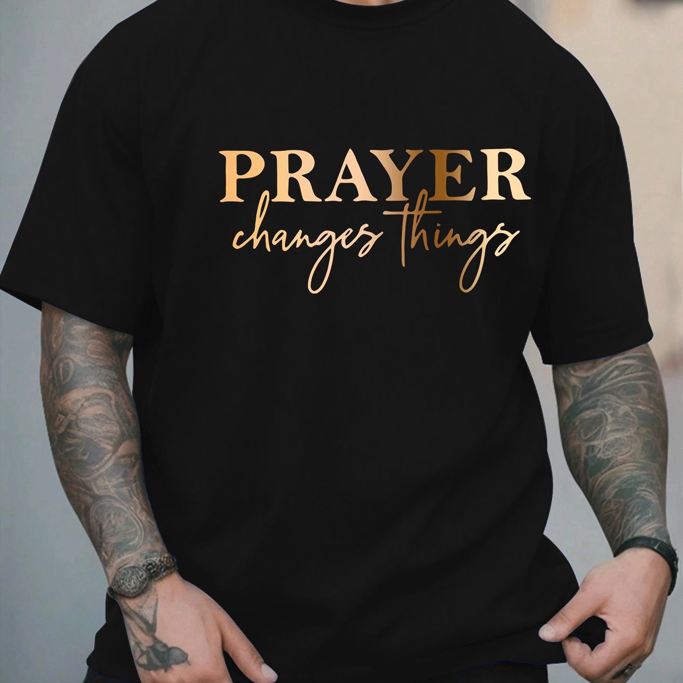 [Summer Fashion, Prayer Quote T-Shirt] Plus Size Men's Casual T-Shirt - "Prayer Changes Things" Quote, Geometric Pattern, Round Neck, Short Sleeve, Summer Fashion - Polyester Knit Fabric Top