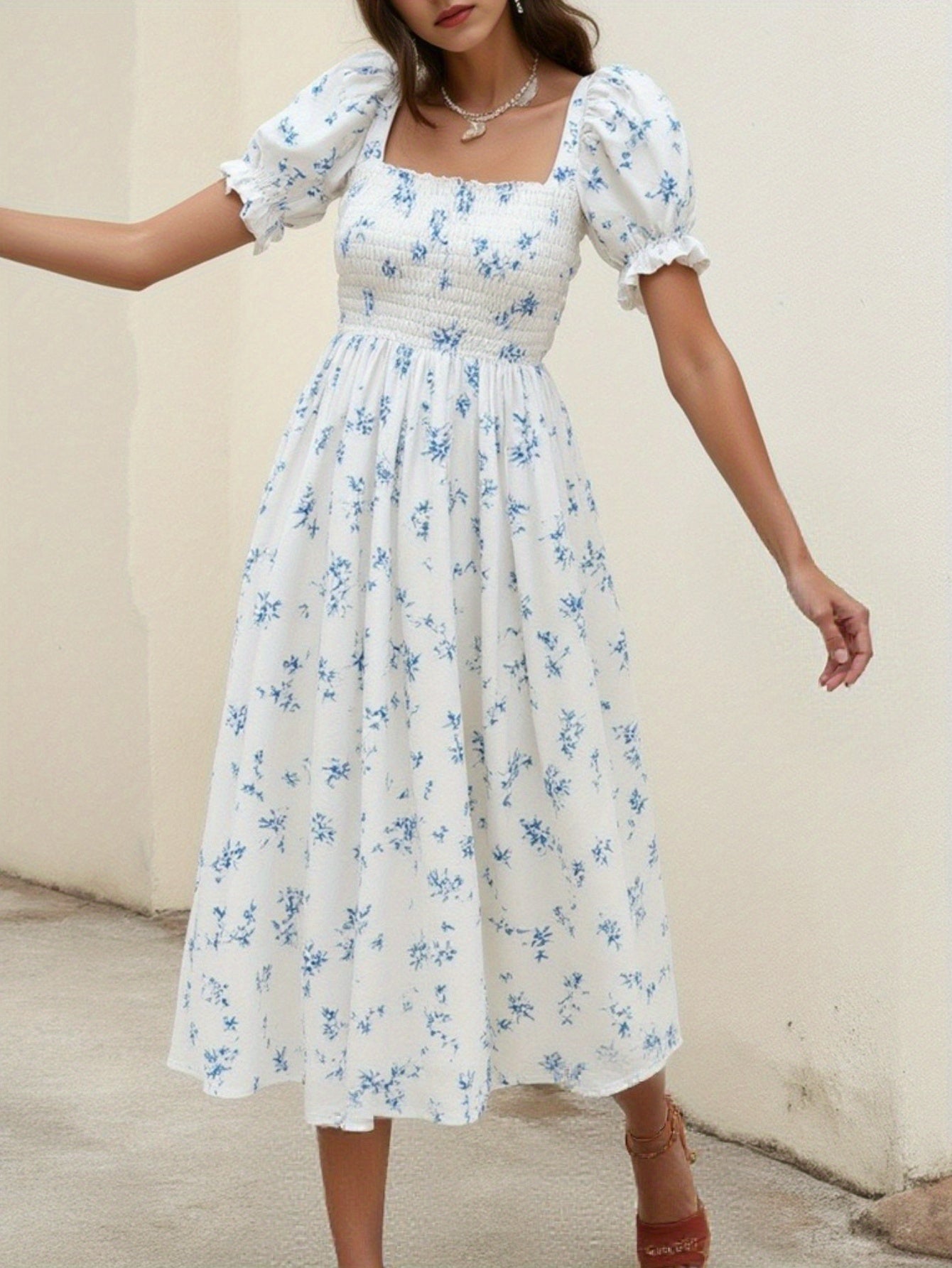 Elegant Spring/Summer Women's French Floral tea party dress - Square neck, Non-Stretch flared skirt for casual outing